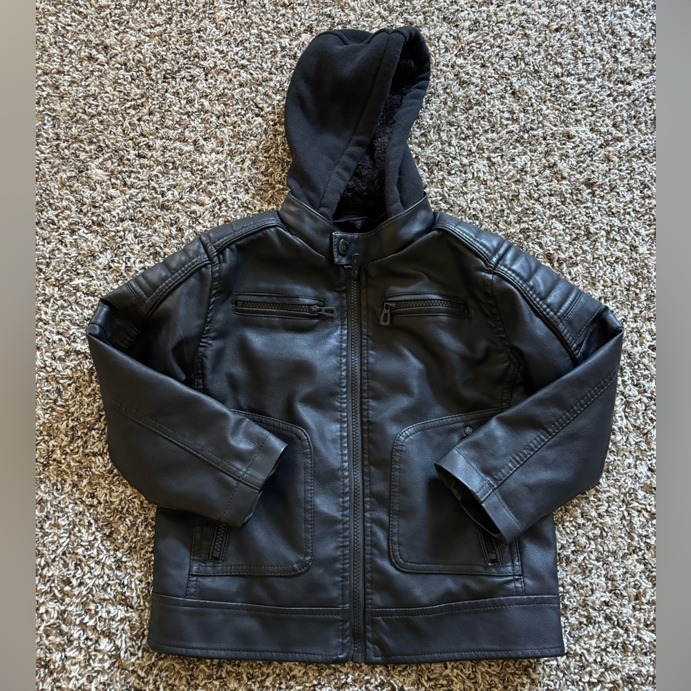 LIKE NEW ♡ Boys Distortion Black Faux Leather Hooded Fur Lined Jacket Size 5